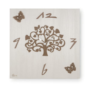 Orologio quadrato "L'Albero della Vita" con farfalle in ceramica, finitura Bianco e tortora.