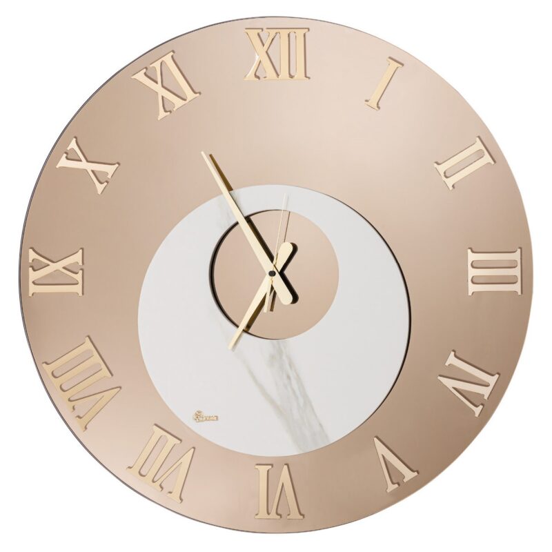 Orologio da parete specchio bronzo e marmo circolare con numeri romani oro