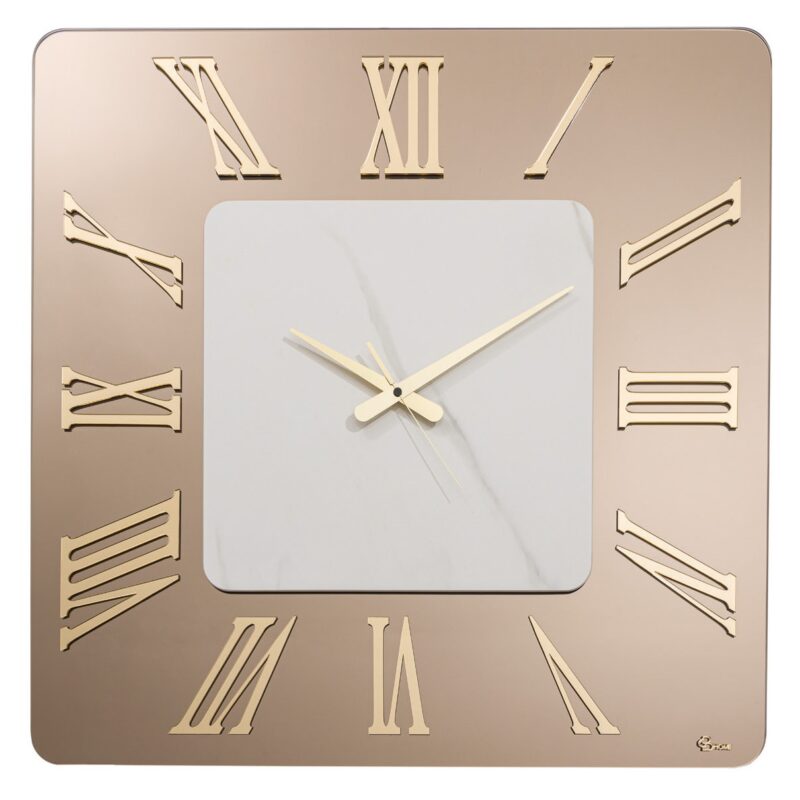 Orologio da parete specchio bronzo e marmo con angoli tondi e numeri romani in oro